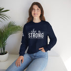 She is STRONG - Unisex Heavy Blend™ Crewneck Sweatshirt - Front White Logo - Plain Back