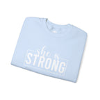 She is STRONG - Unisex Heavy Blend™ Crewneck Sweatshirt - Front White Logo - Plain Back