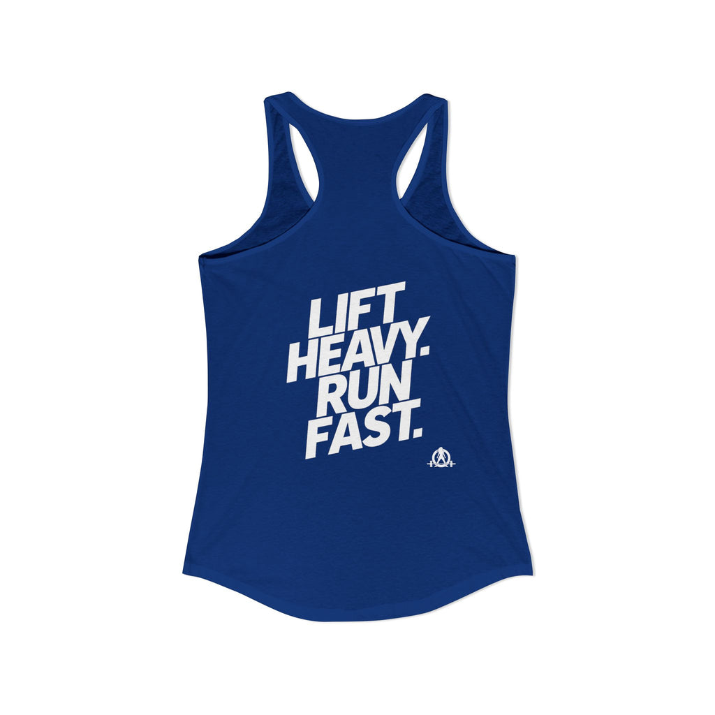 Lift Heavy - Run Fast - Racer Back Tank Top - Women's Ideal Racerback Tank (White Front & Back Logo)