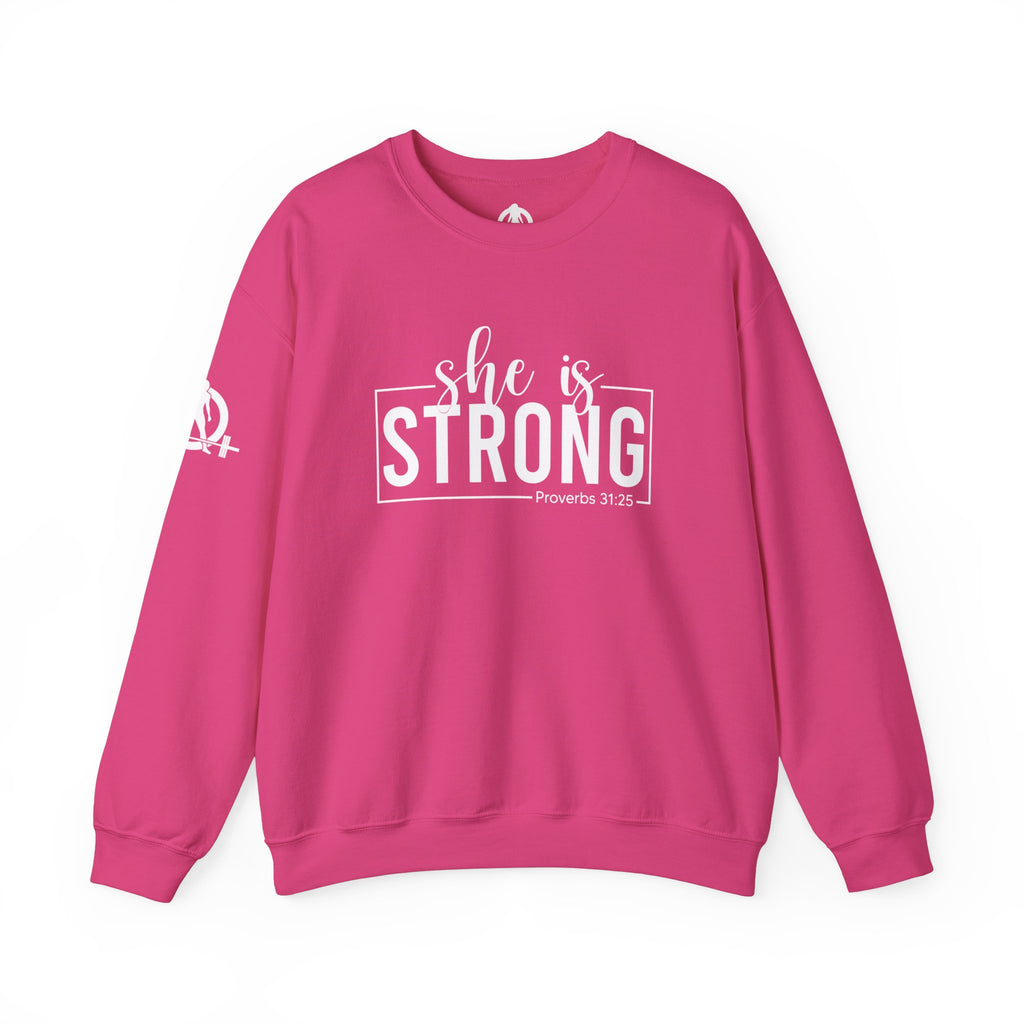She is STRONG - Unisex Heavy Blend™ Crewneck Sweatshirt - Front White Logo - Plain Back