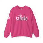 She is STRONG - Unisex Heavy Blend™ Crewneck Sweatshirt - Front White Logo - Plain Back