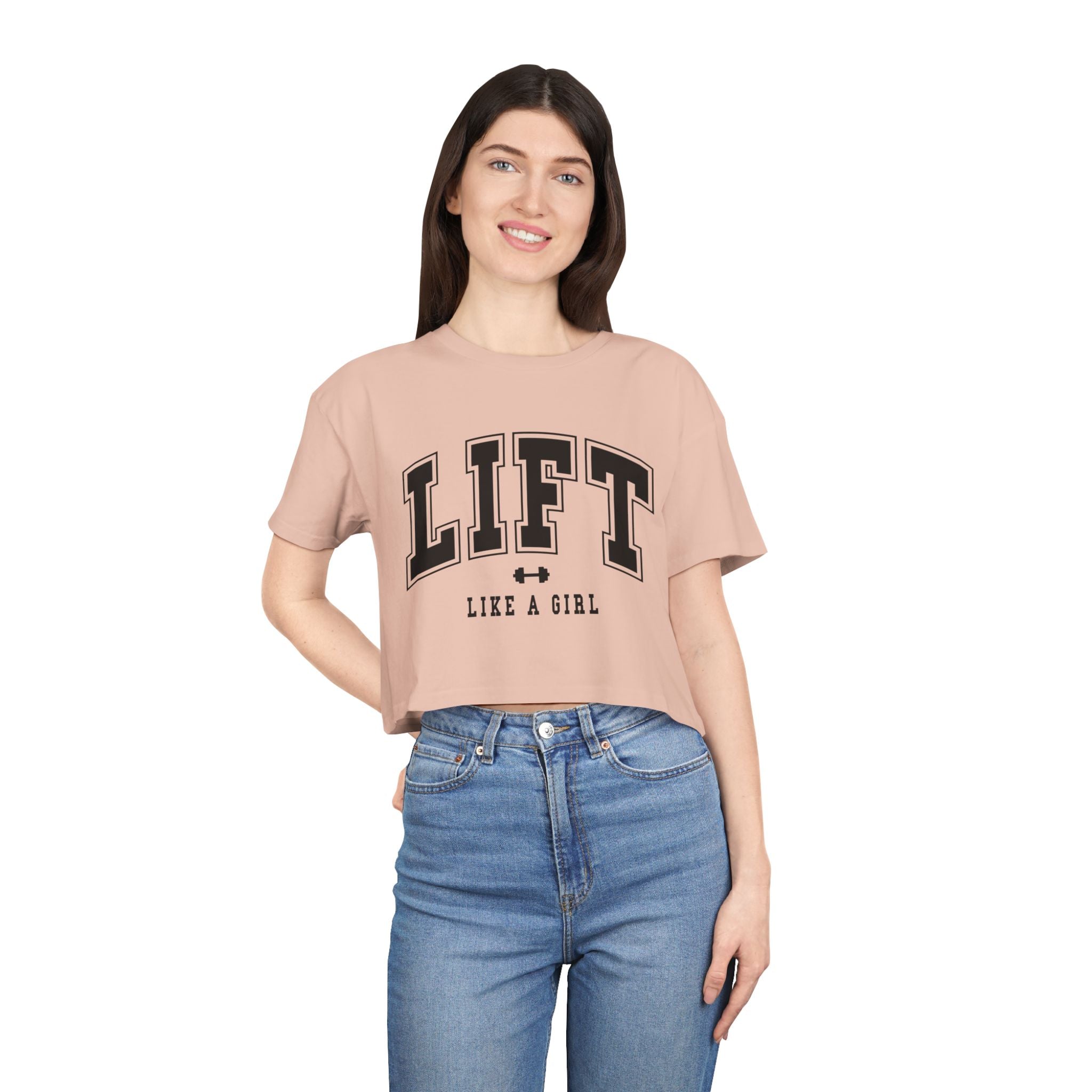 Lift Like A Girl - Women's Crop Tee - Pale Pink - Front Black Logo