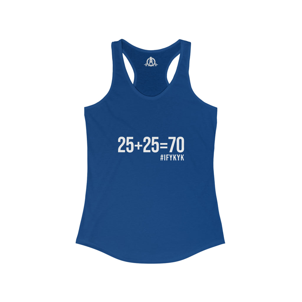 25 + 25 = 70 Women's Ideal Racerback Tank - White Print Front Plain Back