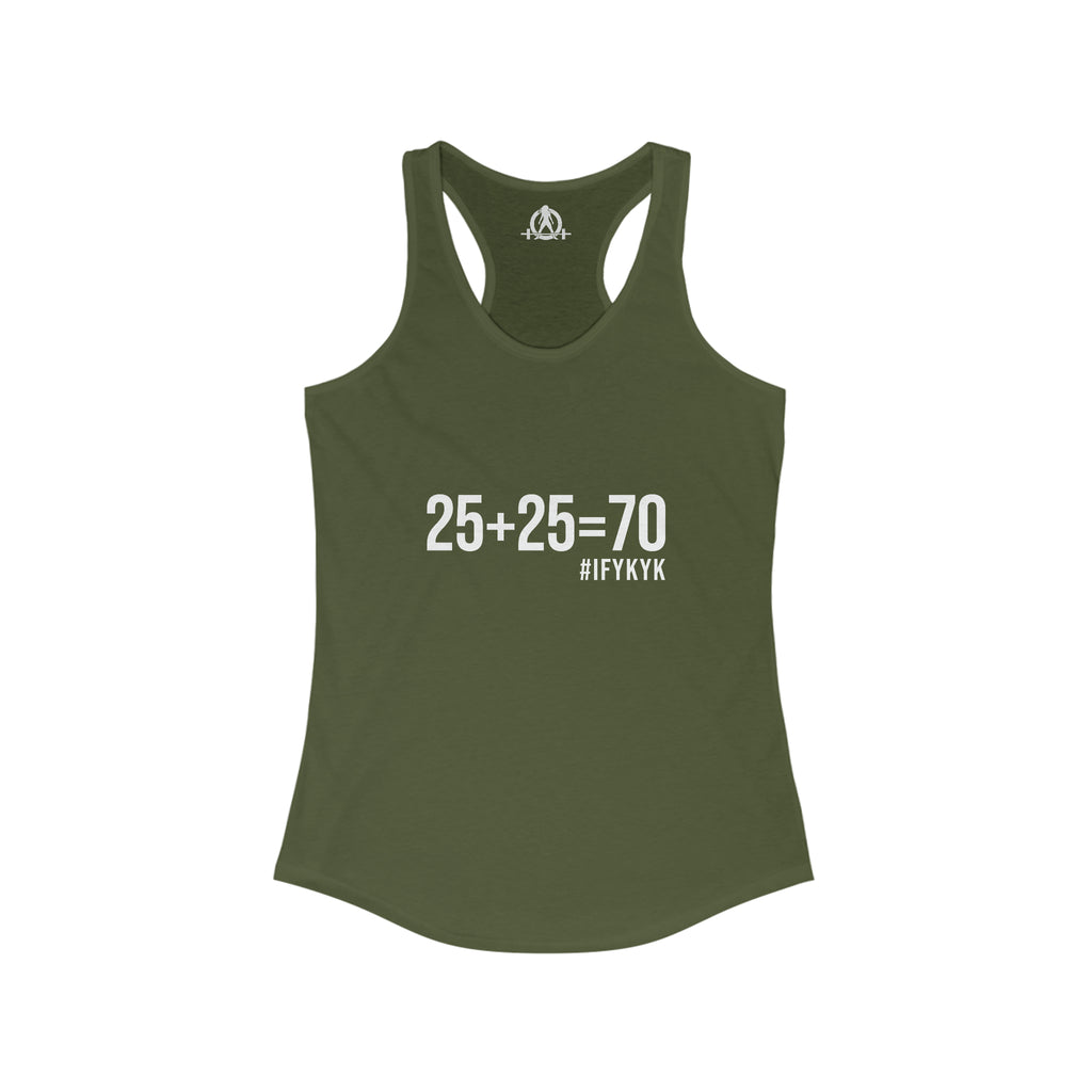 25 + 25 = 70 Women's Ideal Racerback Tank - White Print Front Plain Back