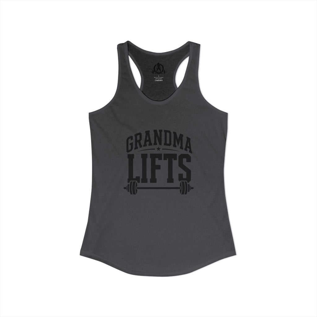 Grandma Lifts - Women's Ideal Racerback Tank - Black Logo Front Plain Back