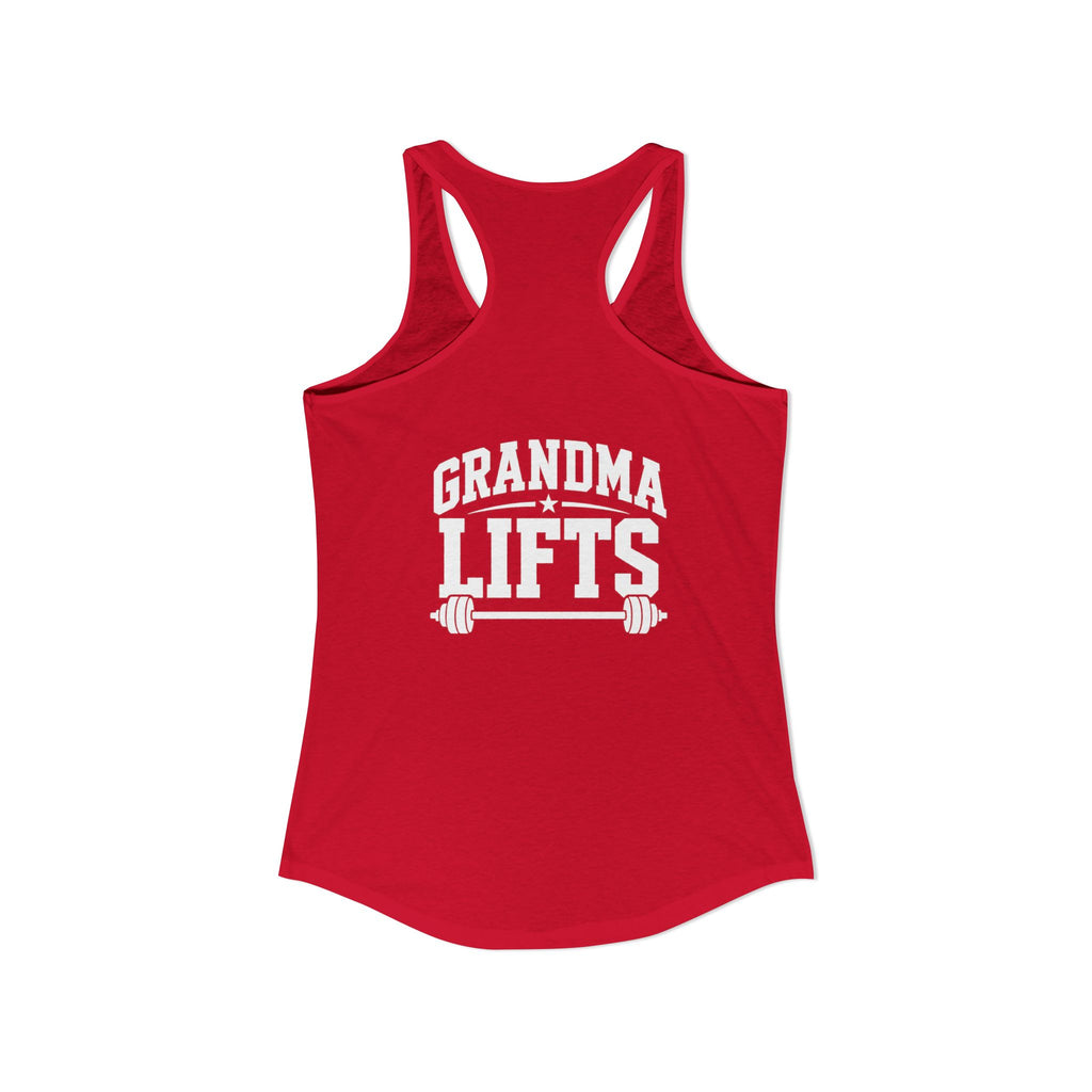 Grandma Lifts - Women's Ideal Racerback Tank - White Logo Front & Back