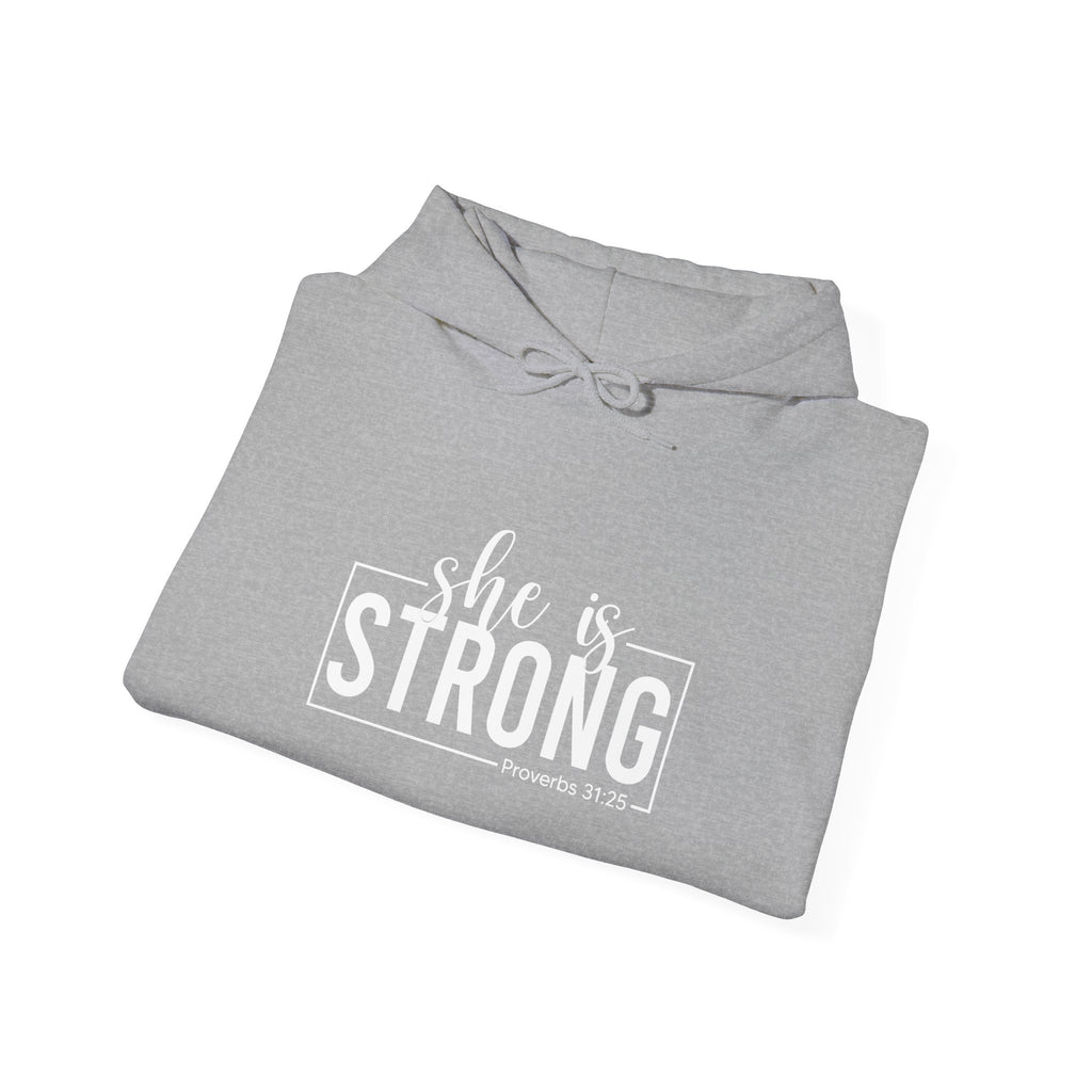 She is STRONG - Unisex Heavy Blend Hooded Sweatshirt - White Logo