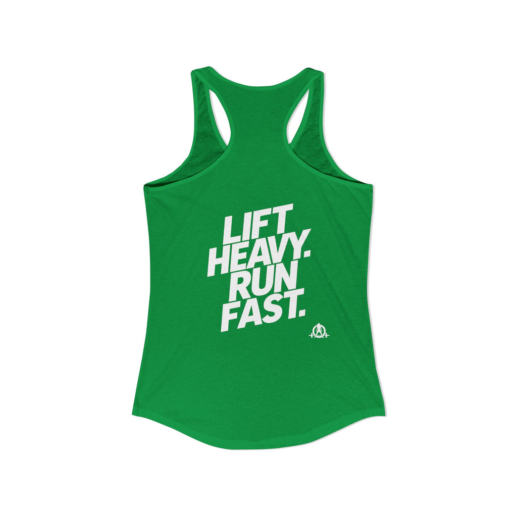 Lift Heavy - Run Fast - Racer Back Tank Top - Women's Ideal Racerback Tank (White Front & Back Logo)