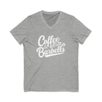 Coffee & Barbells - Unisex Jersey Short Sleeve V-Neck Tee - White Logo Plain Back