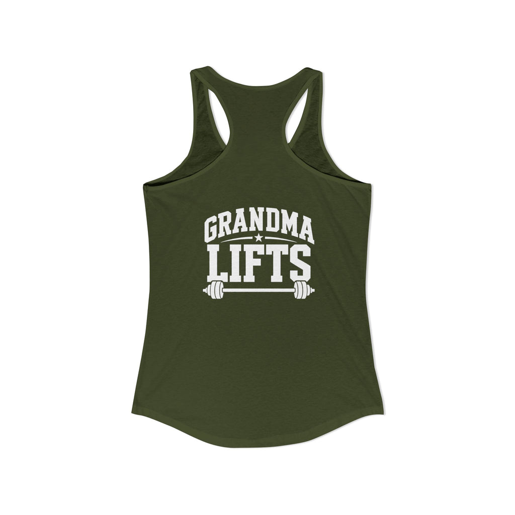 Grandma Lifts - Women's Ideal Racerback Tank - White Logo Front & Back