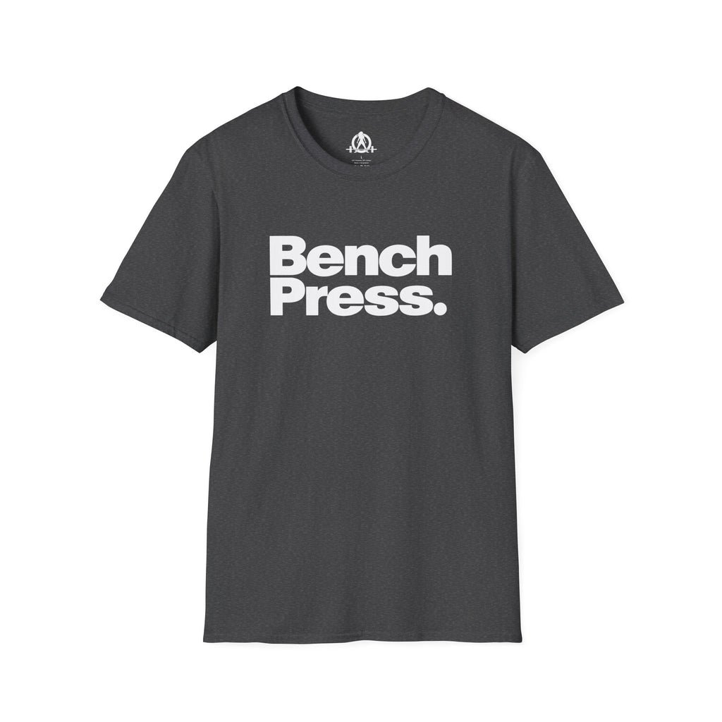 Bench Press -  Unisex Softstyle T-Shirt — White Logo Front & Back