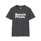 Bench Press -  Unisex Softstyle T-Shirt — White Logo Front & Back