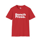 Bench Press -  Unisex Softstyle T-Shirt — White Logo Front & Back
