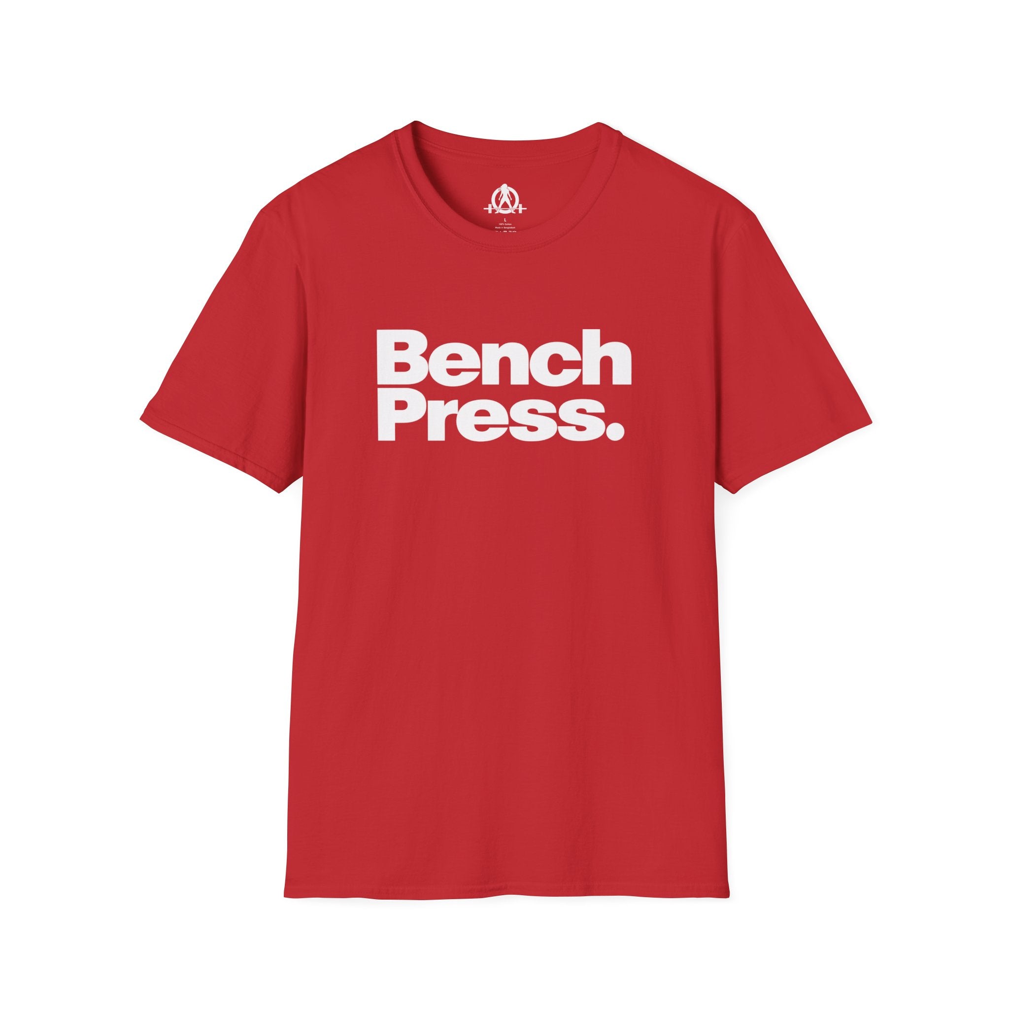 Bench Press -  Unisex Softstyle T-Shirt — White Logo Front & Back