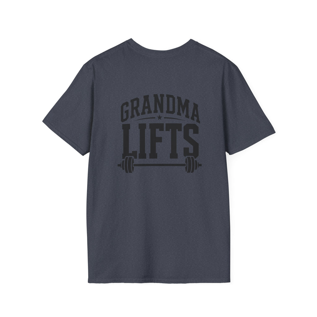 Grandma Lifts -  Unisex Softstyle T-Shirt — Front & Back Black Logo