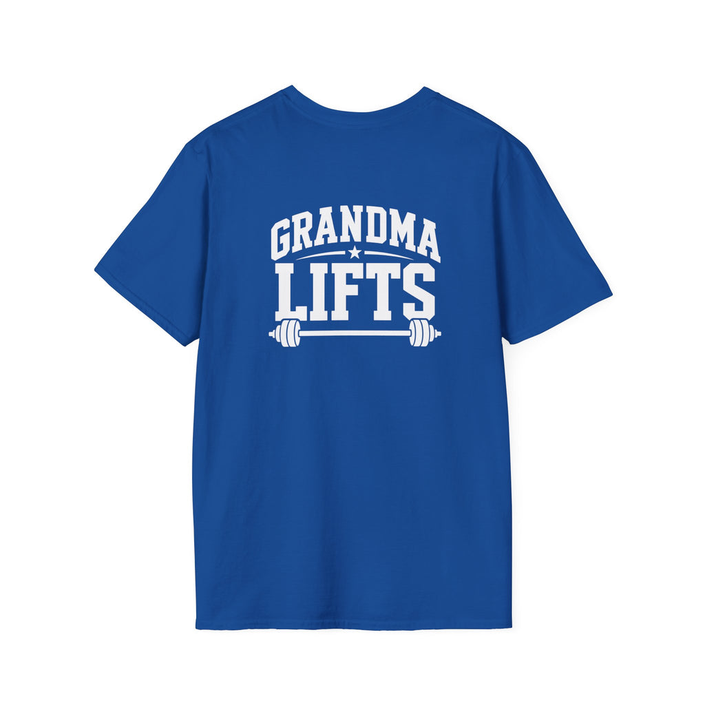 Grandma Lifts -  Unisex Softstyle T-Shirt — White Logo Front & Back