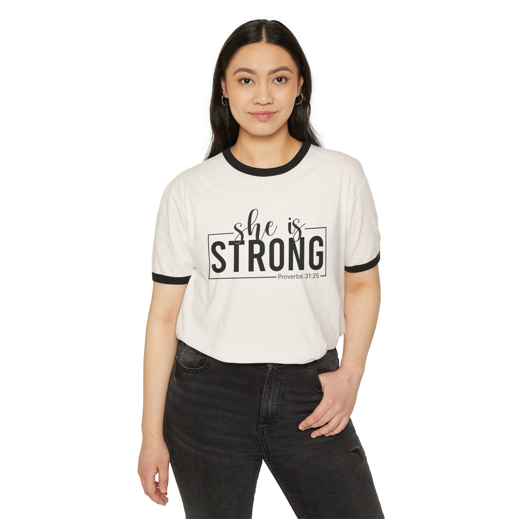 She Is Strong  - Unisex Cotton Ringer T-Shirt - Black Classic Logo Front Plain Back