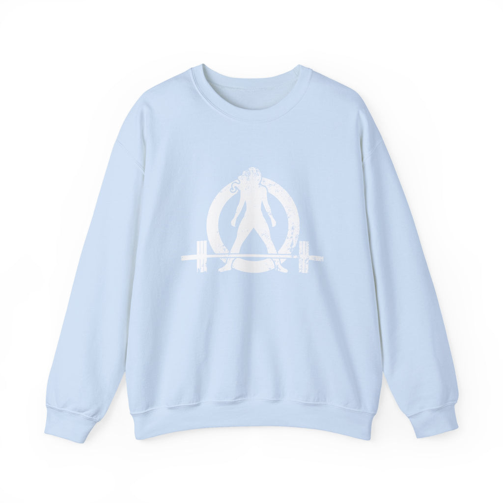 ALL I NEED IS COFFEE and a Barbell - Unisex Heavy Blend™ Crewneck Sweatshirt - Distressed Logo - Front & Back