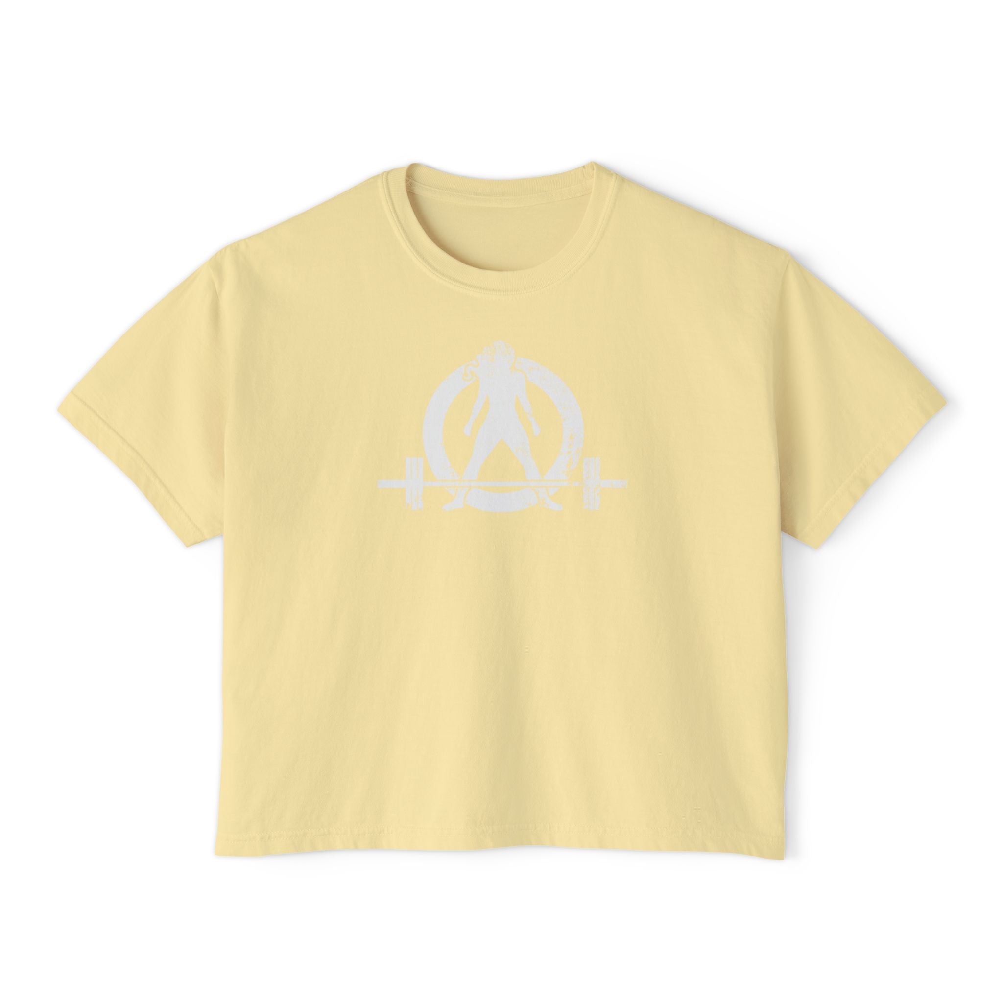Women's Boxy Tee - White Distressed Logo Front Plain Back