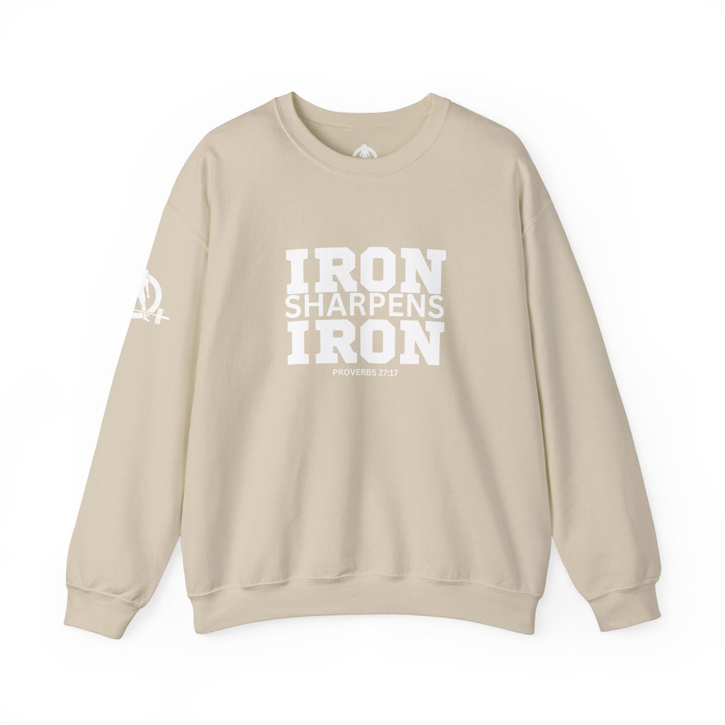 Iron Sharpens Iron - Unisex Heavy Blend™ Crewneck Sweatshirt - Front White Logo - Plain Back