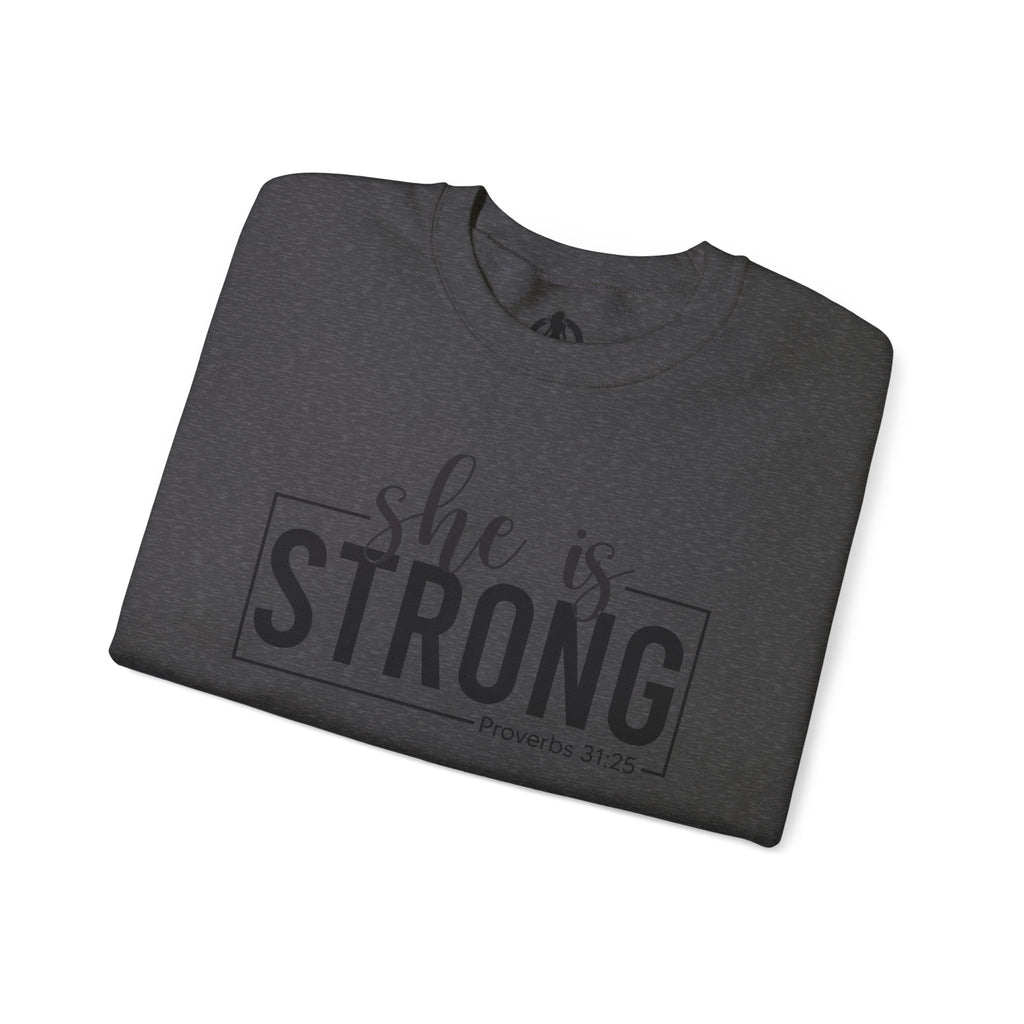 She is STRONG - Unisex Heavy Blend™ Crewneck Sweatshirt - Front Black Logo - Plain Back