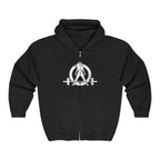 I DON’T WANT TO LOOK SKINNY I WANT TO LOOK LIKE I CAN KICK YOUR ASS – White Distressed Logo Unisex Heavy Blend™ Full Zip Hooded Sweatshirt