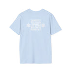 Cardio?  Lift Weights Faster - Unisex Softstyle T-Shirt - White Logo Front & Back