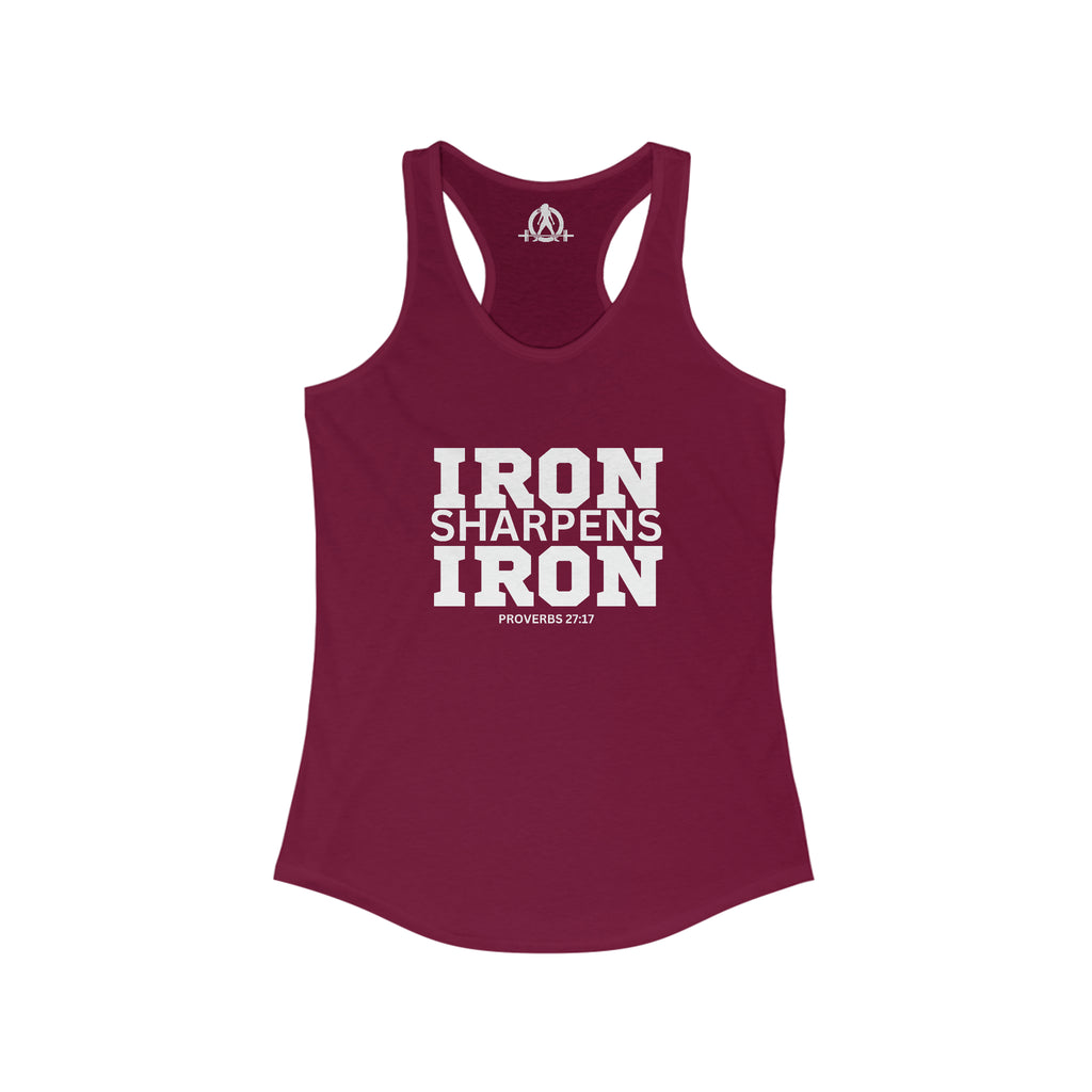Iron Sharpens Iron - Women's Ideal Racerback Tank - White Font - Print on Front - Plain Back