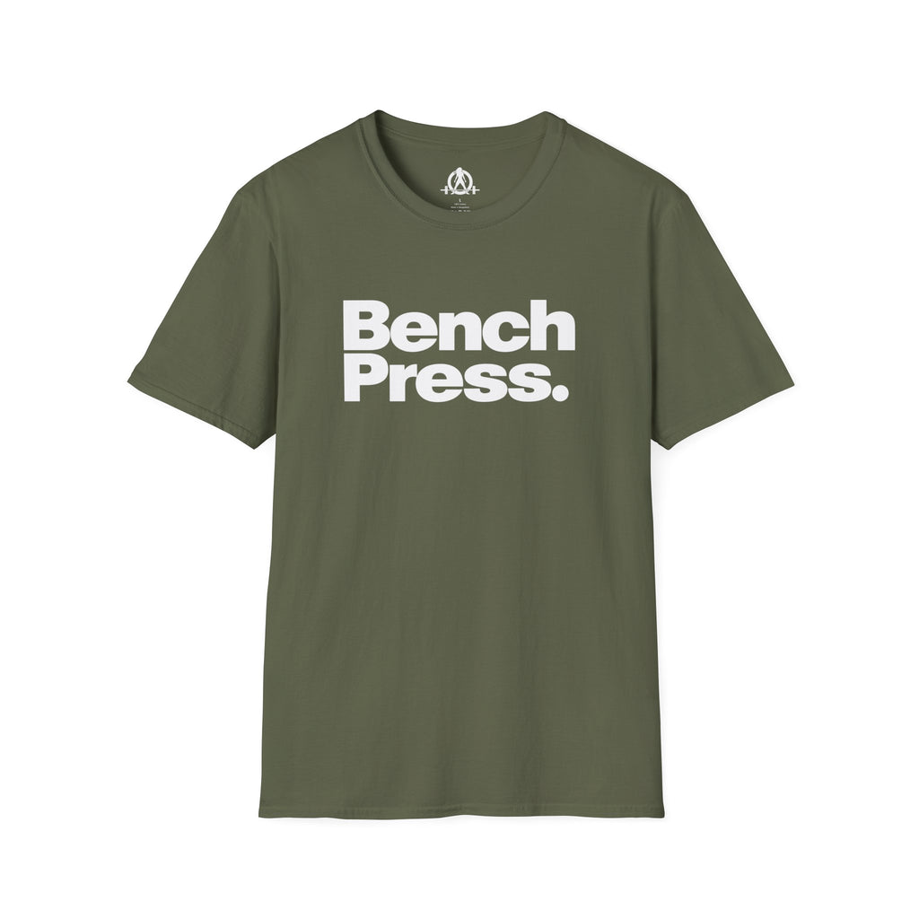 Bench Press -  Unisex Softstyle T-Shirt — White Logo Front & Back