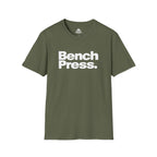 Bench Press -  Unisex Softstyle T-Shirt — White Logo Front & Back