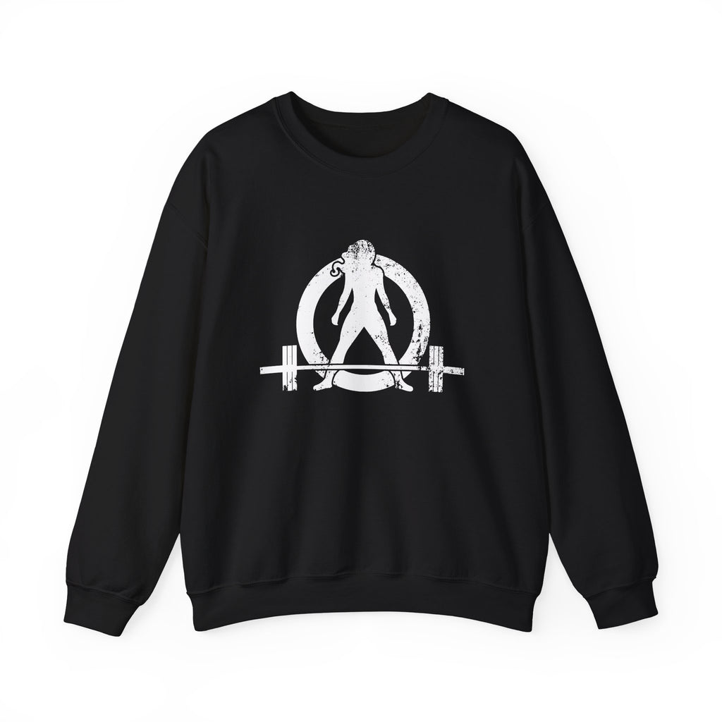 ALL I NEED IS COFFEE and a Barbell - Unisex Heavy Blend™ Crewneck Sweatshirt - Distressed Logo - Front & Back