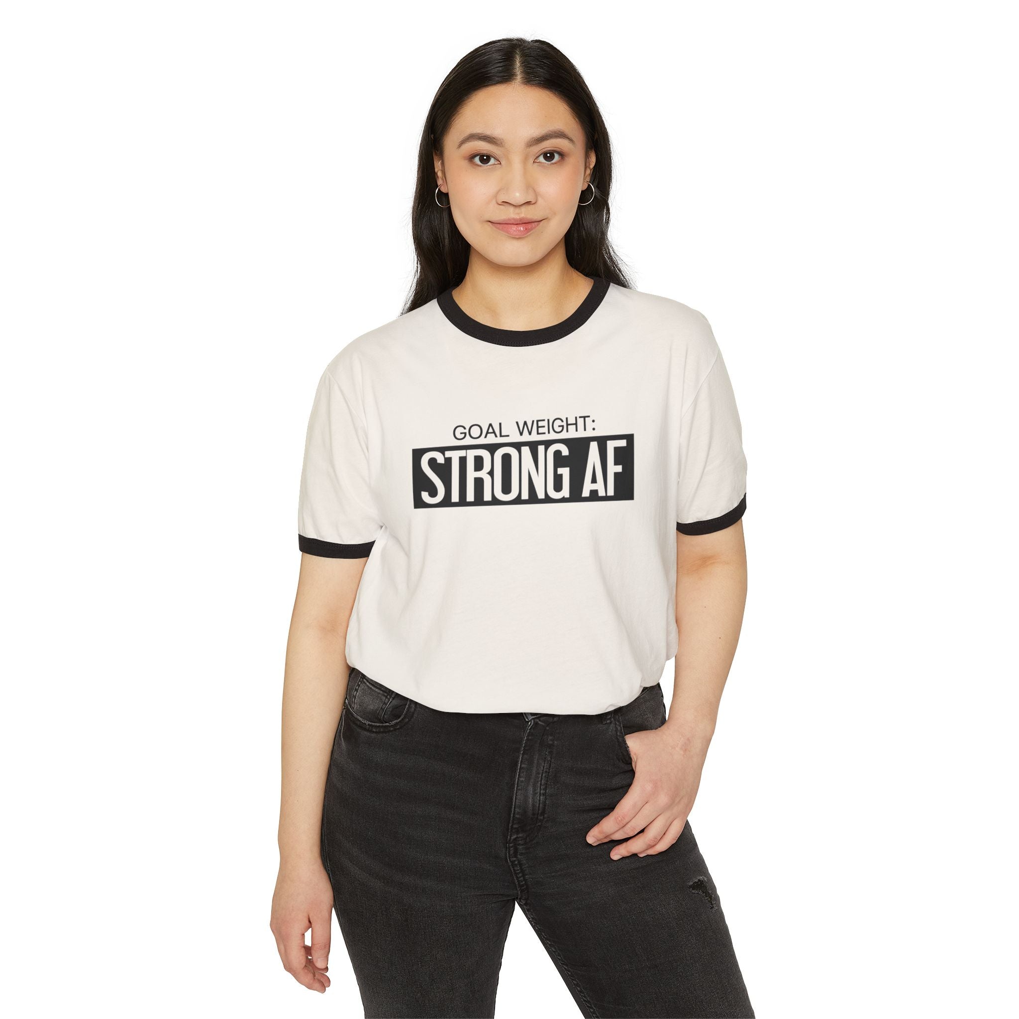 Goal Weight Strong AF - Unisex Cotton Ringer T-Shirt - Black Logo Plain Back
