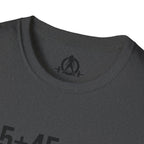45 + 45 = 135 – Unisex Softstyle Tee | Black Front, Plain Back