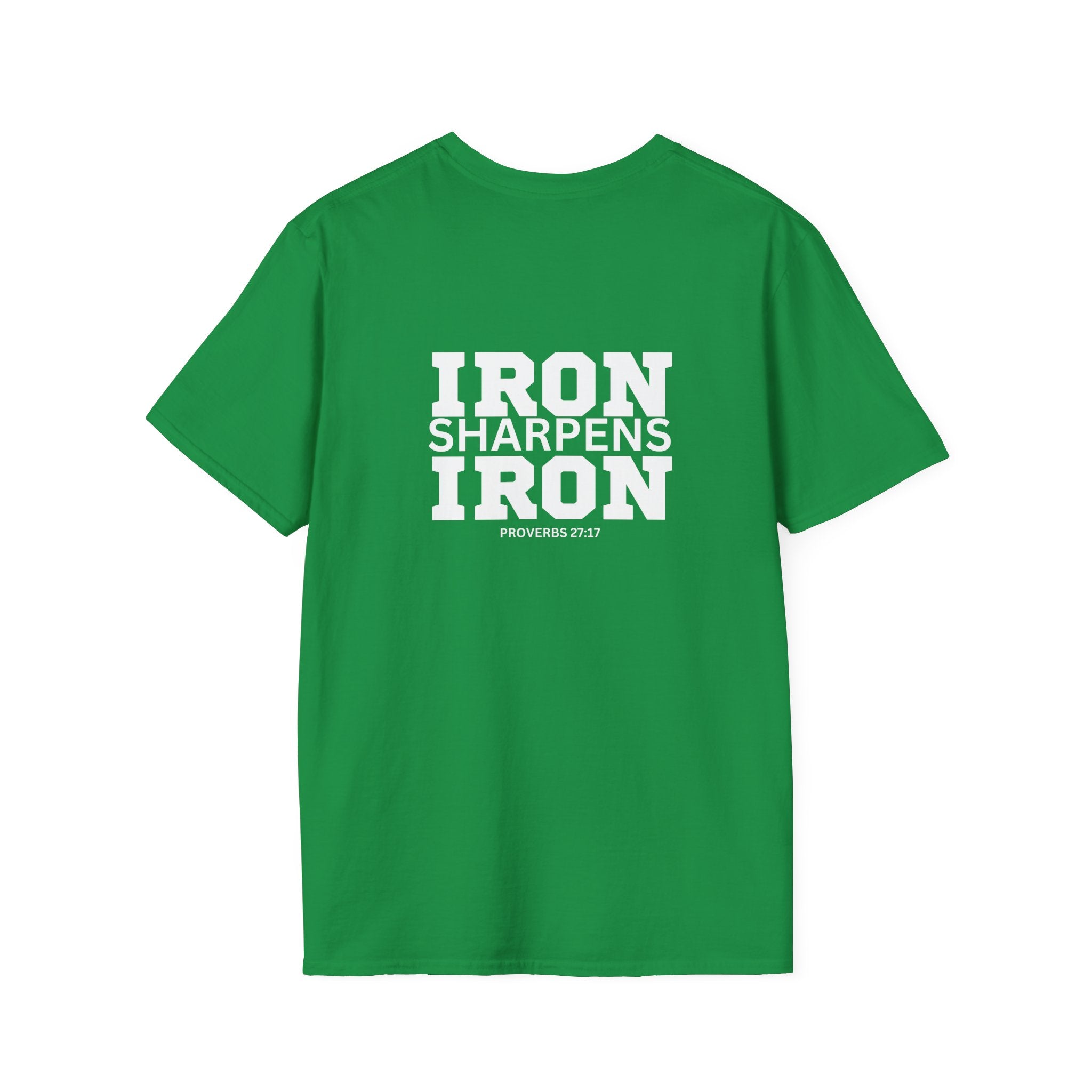Iron Sharpens Iron - Unisex Softstyle T-Shirt - White Logo Front & Back