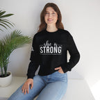She is STRONG - Unisex Heavy Blend™ Crewneck Sweatshirt - Front White Logo - Plain Back