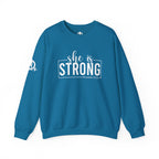 She is STRONG - Unisex Heavy Blend™ Crewneck Sweatshirt - Front White Logo - Plain Back
