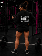 ALL I NEED IS COFFEE and a Barbell - Unisex Heavy Blend™ Crewneck Sweatshirt - Distressed Logo - Front & Back