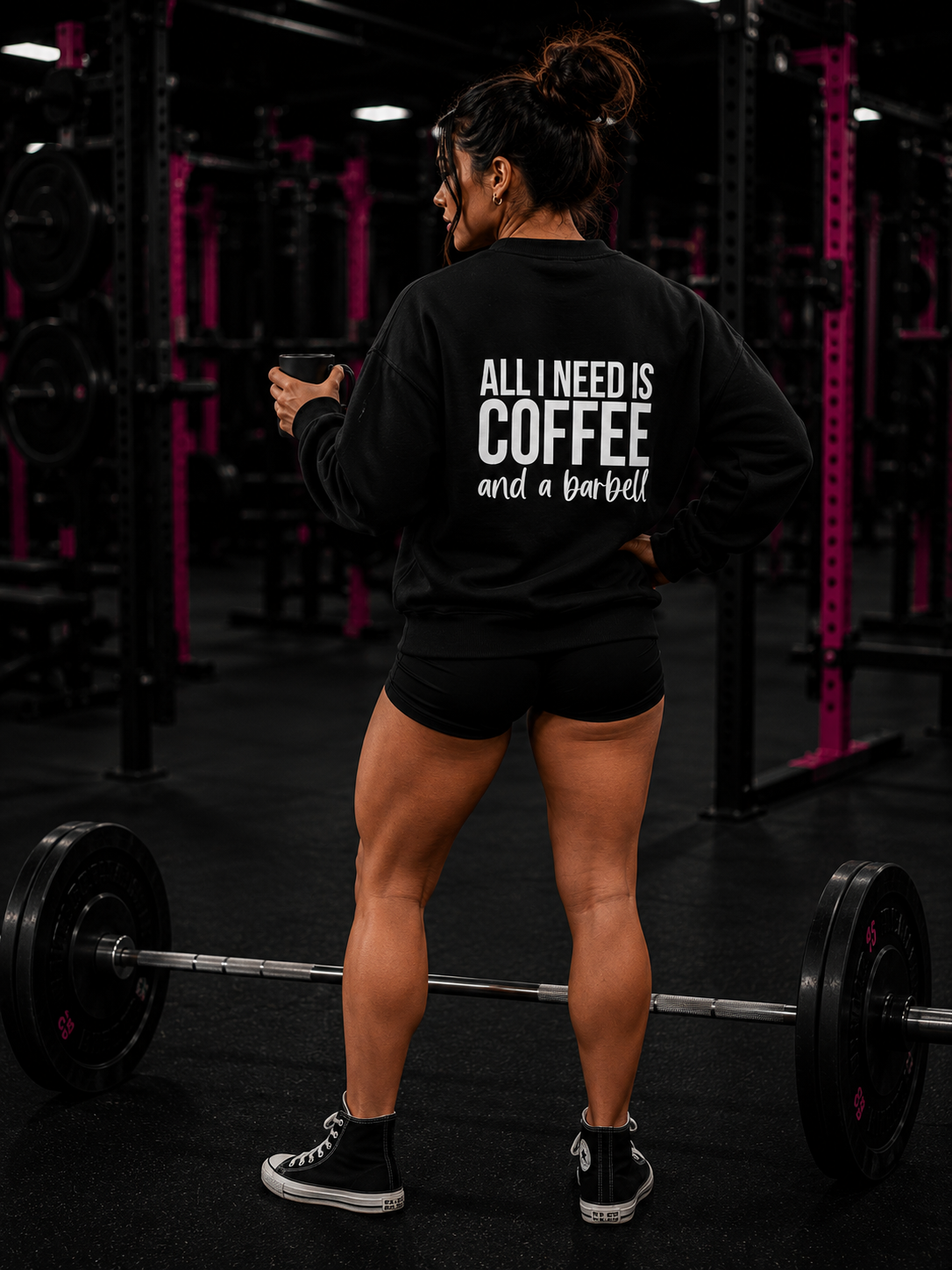 ALL I NEED IS COFFEE and a Barbell - Unisex Heavy Blend™ Crewneck Sweatshirt - Distressed Logo - Front & Back