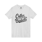 Coffee & Barbells - Unisex Jersey Short Sleeve V-Neck Tee - Black Logo Plain Back