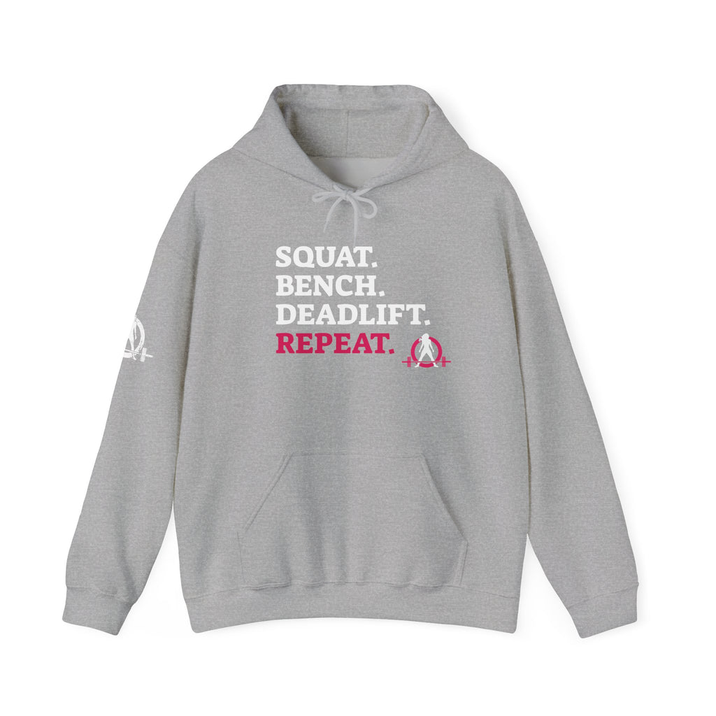 WWLW “Squat • Bench • Deadlift • Repeat” Hoodie - White Logo - Plain Back
