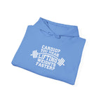 Cardio = Lift Weights Faster - Unisex Heavy Blend Hooded Sweatshirt - White Logo on Front