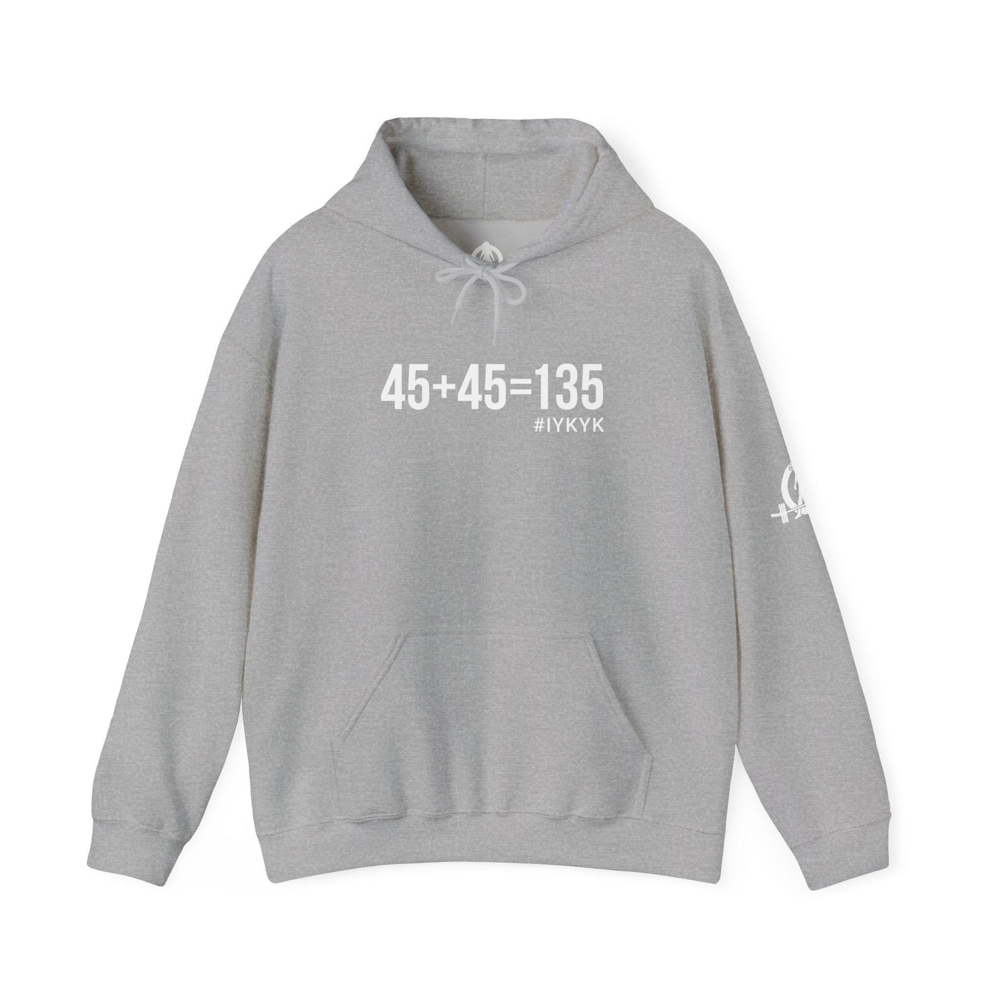 45 + 45 = 135  - Unisex Heavy Blend Hooded Sweatshirt  - White Logo Front & Arm - Plain Back