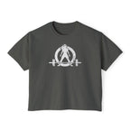 Women's Boxy Tee - White Distressed Logo Front Plain Back