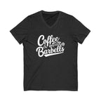 Coffee & Barbells - Unisex Jersey Short Sleeve V-Neck Tee - White Logo Plain Back
