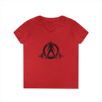 Ladies' V-Neck T-Shirt - Distressed Black Logo