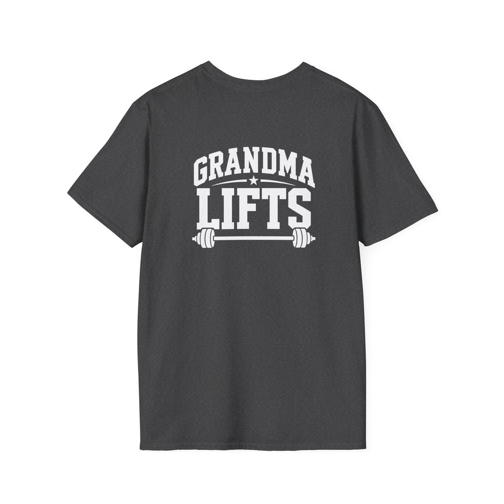 Grandma Lifts -  Unisex Softstyle T-Shirt — White Logo Front & Back