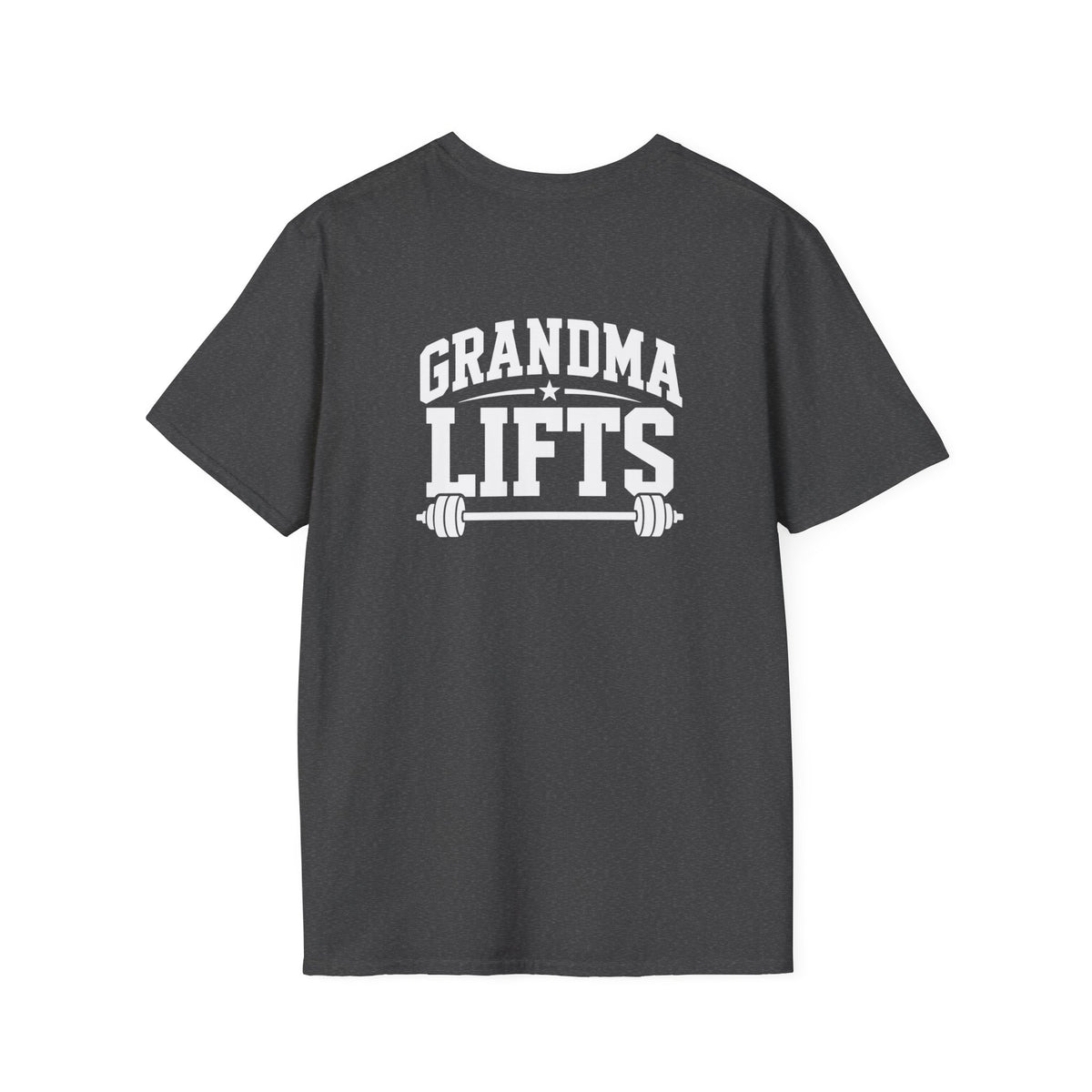 Grandma Lifts -  Unisex Softstyle T-Shirt — White Logo Front & Back