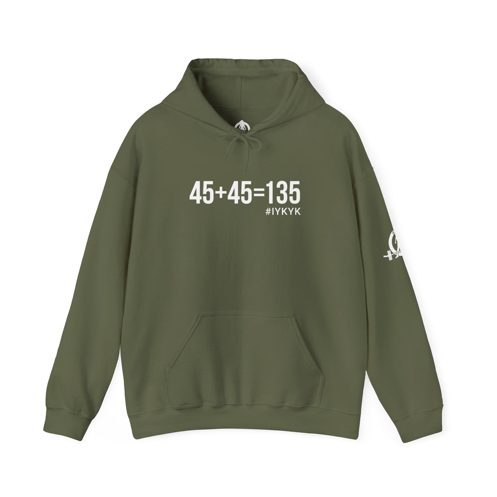45 + 45 = 135  - Unisex Heavy Blend Hooded Sweatshirt  - White Logo Front & Arm - Plain Back