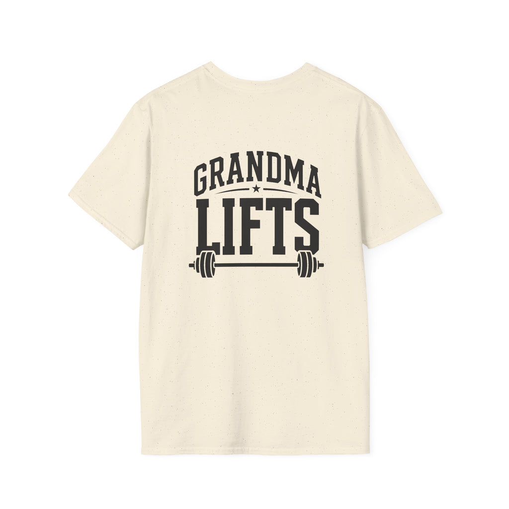 Grandma Lifts -  Unisex Softstyle T-Shirt — Front & Back Black Logo