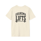 Grandma Lifts -  Unisex Softstyle T-Shirt — Front & Back Black Logo